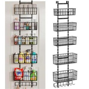 Over Door Organizer Adjustable Hanging Storage Shelf with Baskets Hooks Black